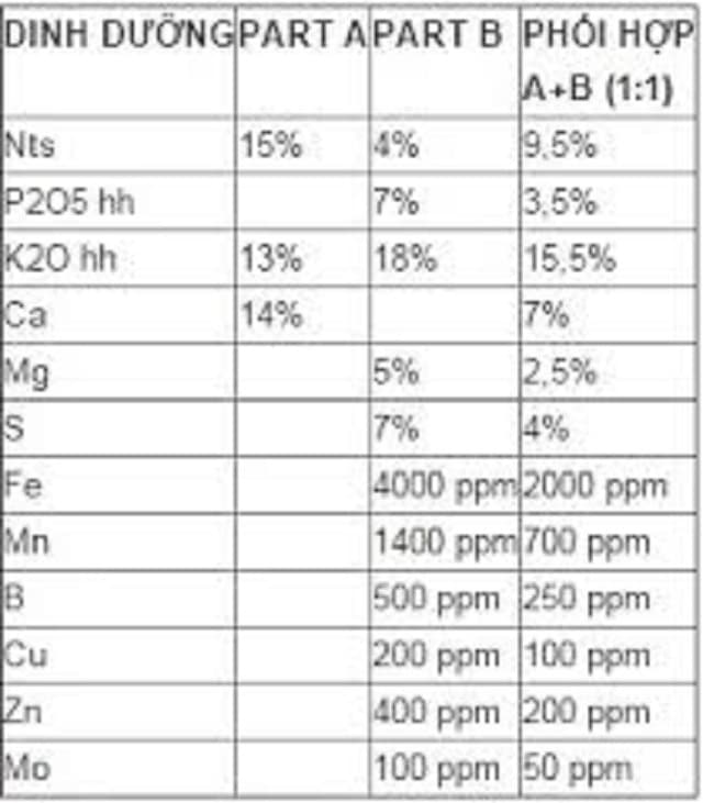 Bảng thành phần của dung dịch